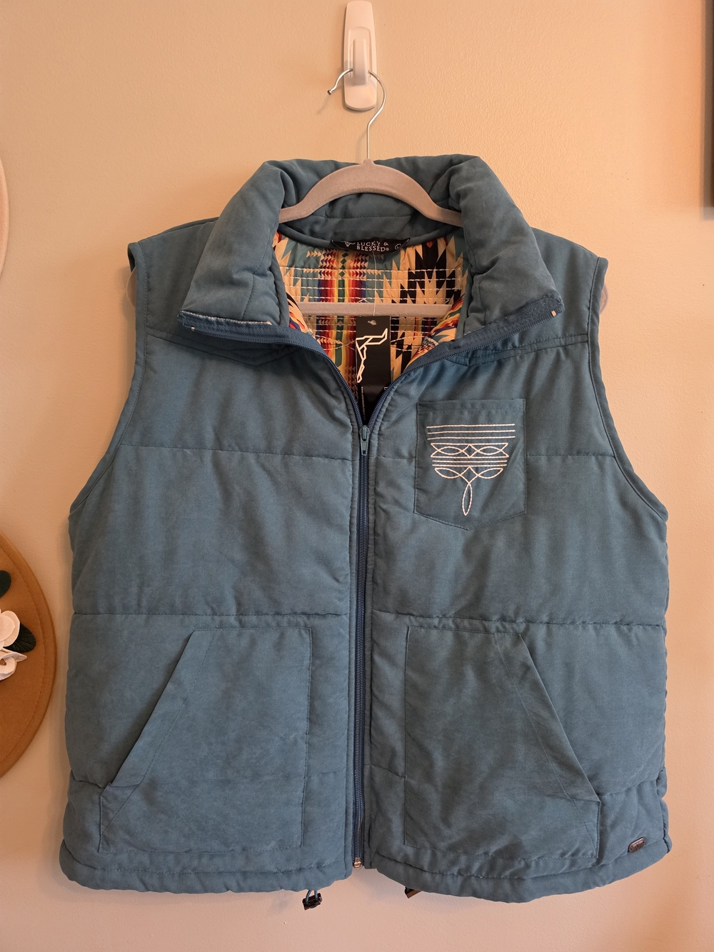 NWT Lucky & Blessed Teal Quilted Puffer Vest with Embroidered Chest